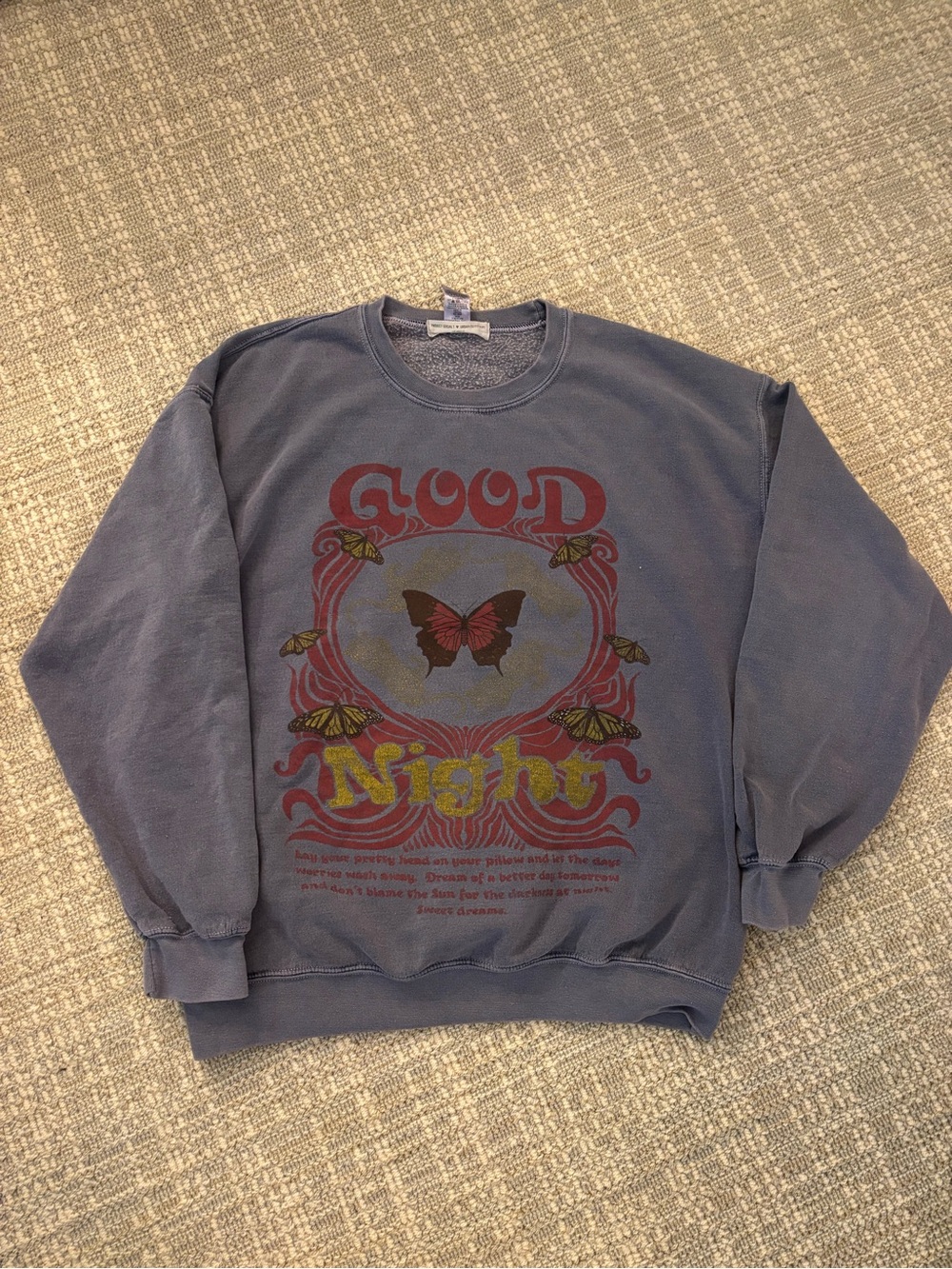 Urban Outfitters Washed Blue 'Good Night' Butterfly Graphic Crewneck